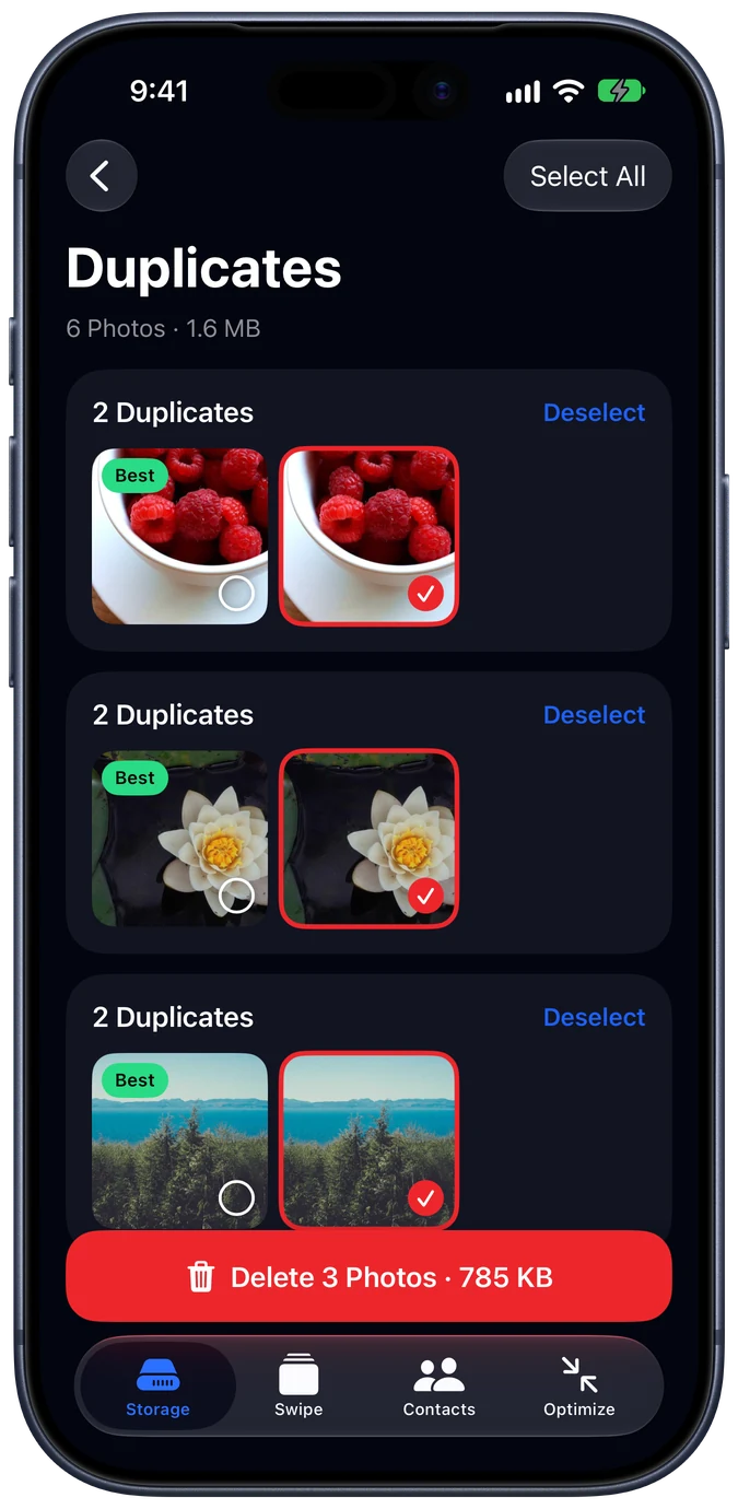 Duplicate photos screen